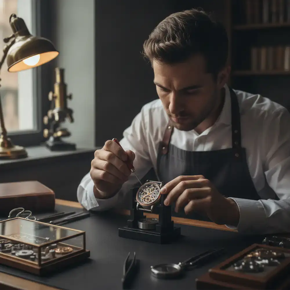 Professional watchmaker calibrating a premium timepiece