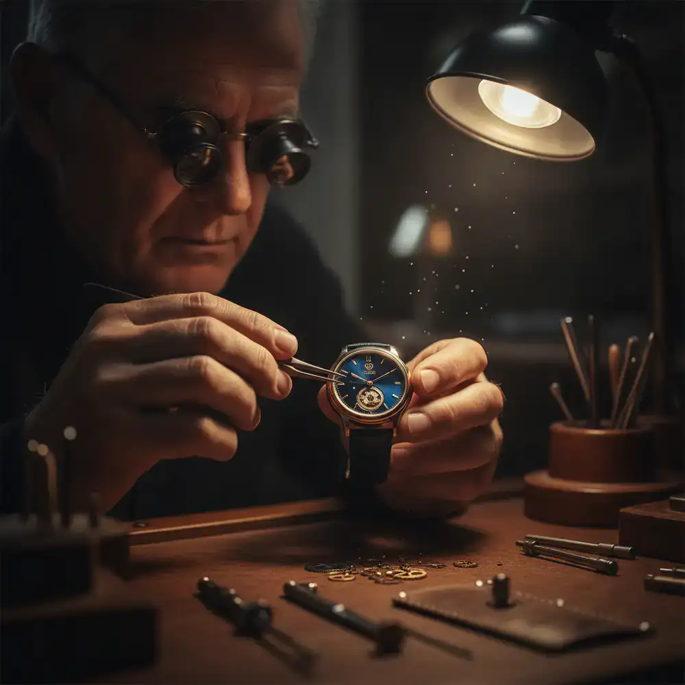 Watchmaker inspecting a finished watch under specialized lighting
