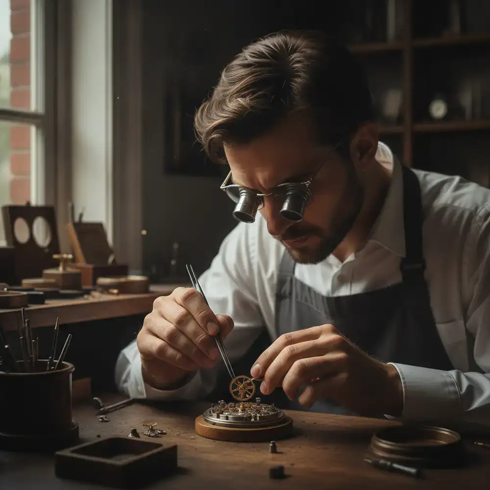 Watchmaker carefully assembling mechanical watch parts